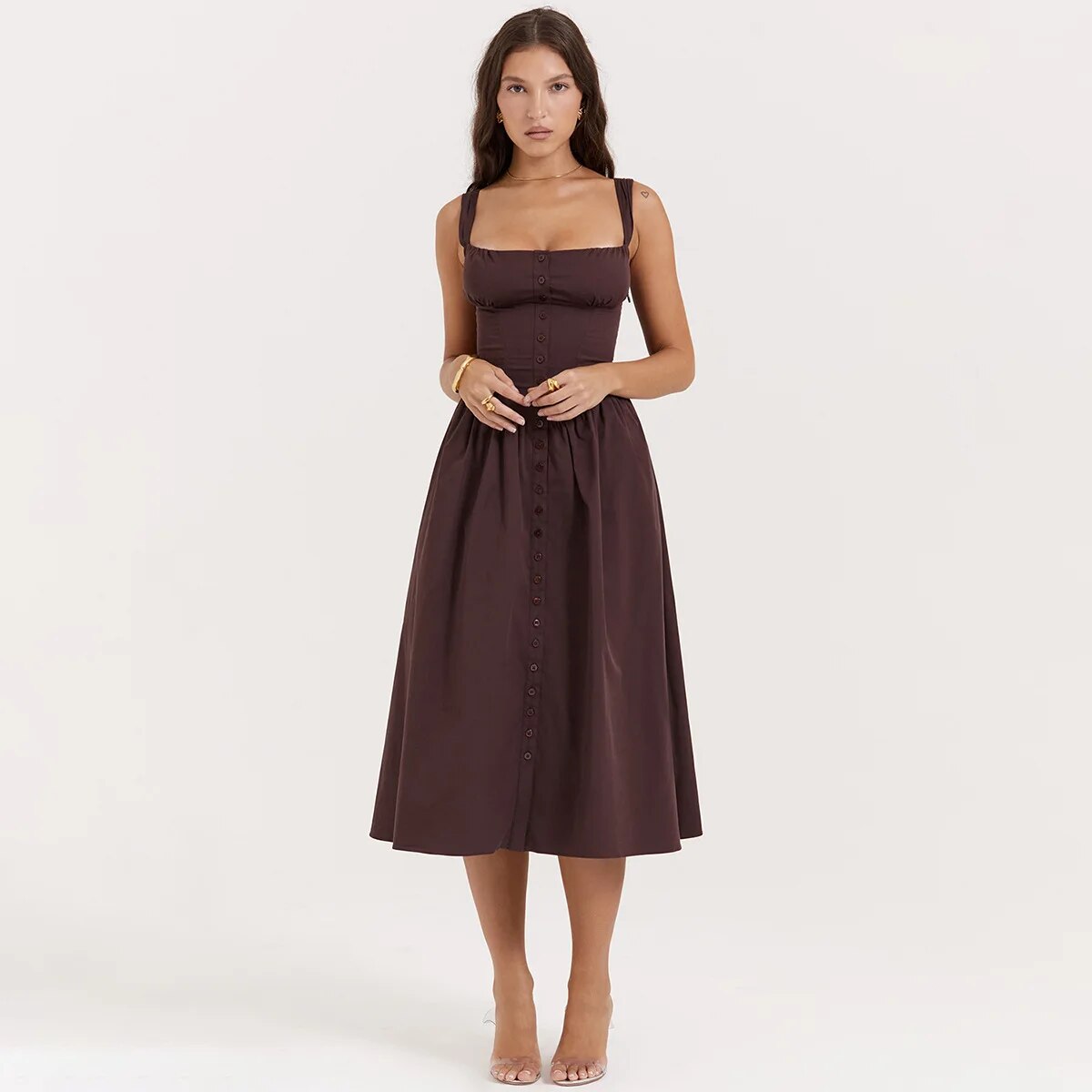 Brown Buttoned Strap Midi Dress