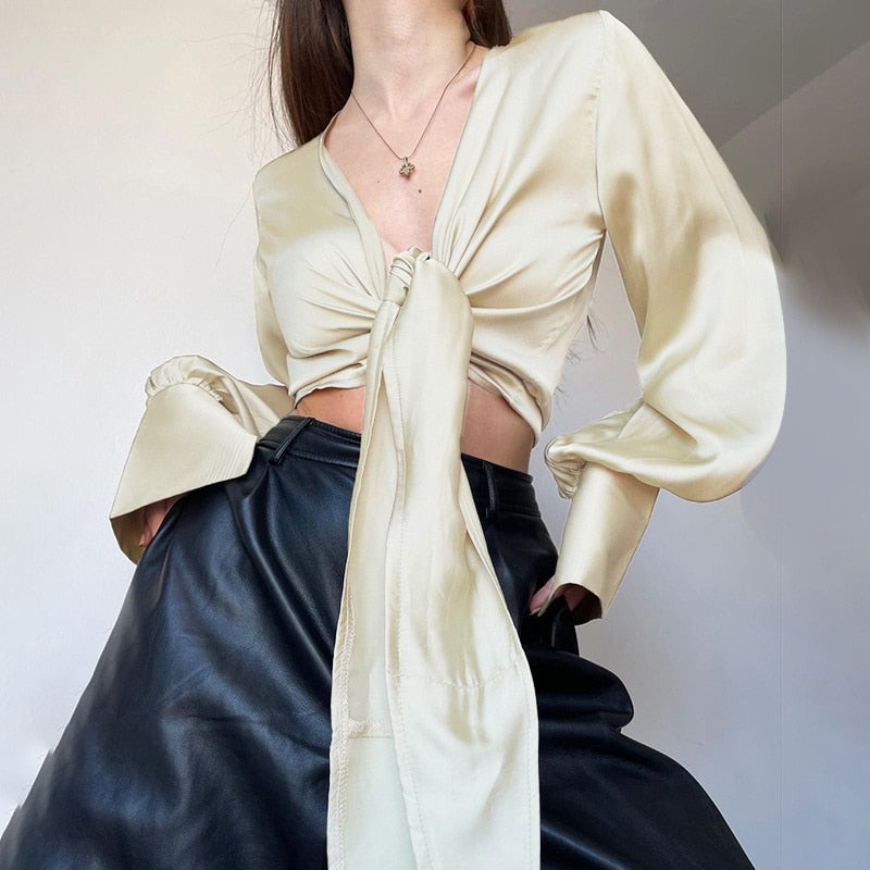 Satin Long Sleeve Wrap Tie Up Crop Shirt