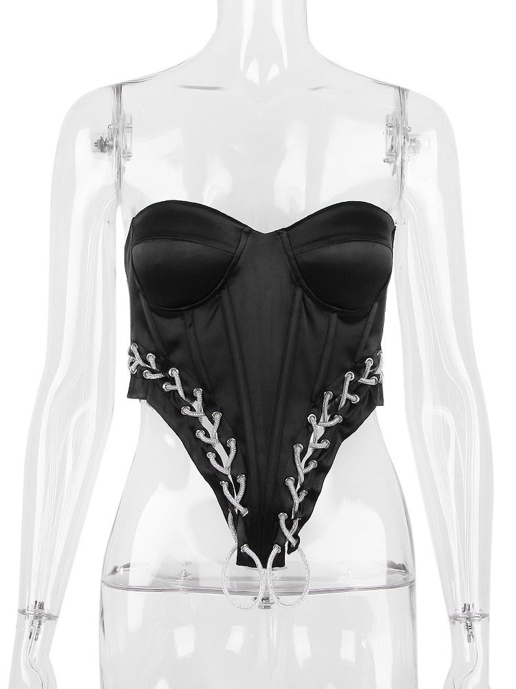 Black Satin Corset Top With Sequin Lace Up Details