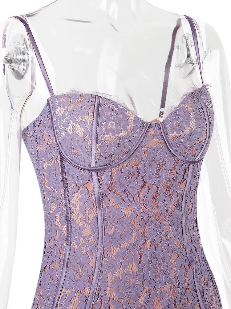 Purple Lace Cupped Strap Mini Dress