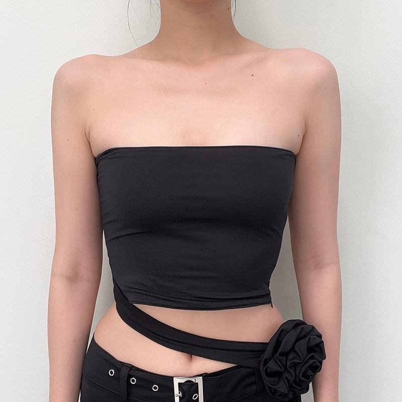 Black Flower Brooch Halter Draped Multi-Way Top