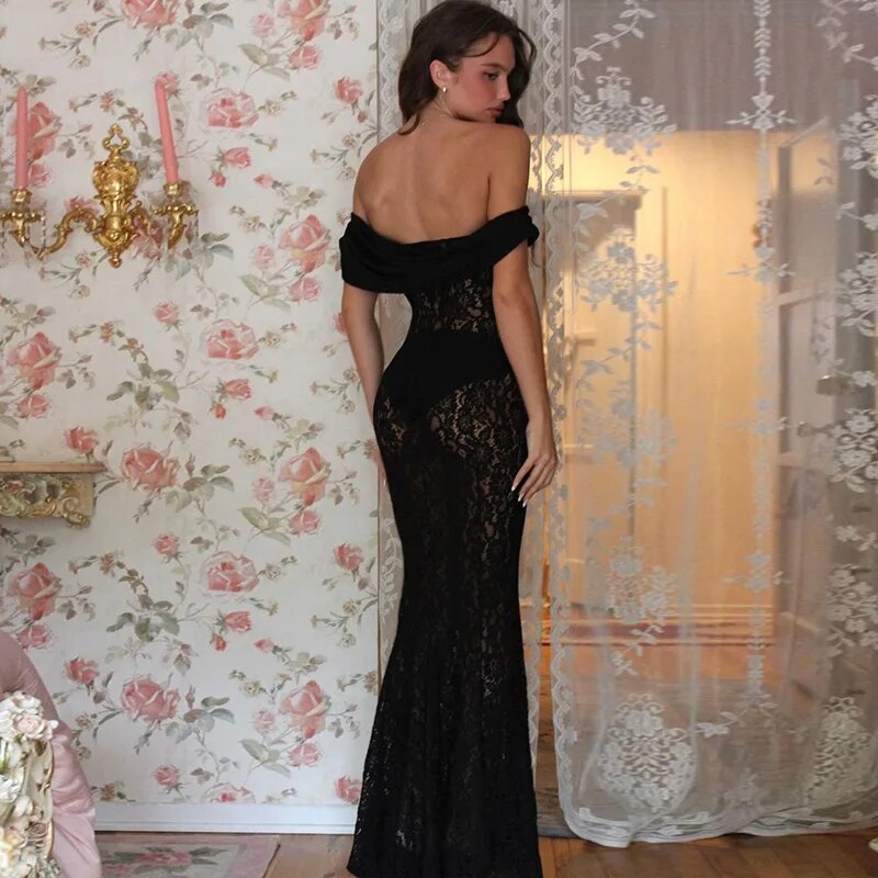 Black Sheer Lace Off Shoulder Maxi Dress