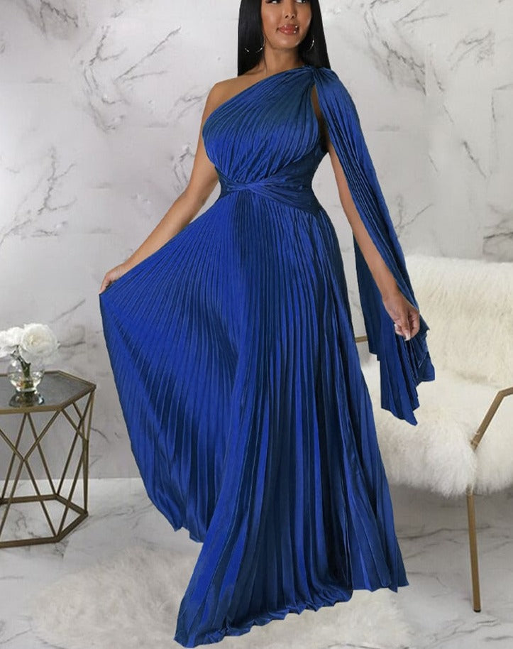 Satin Pleated Drape Sleeve Floor-Length Dresses