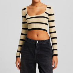 Striped Ribbed Long Sleeve Crop Top