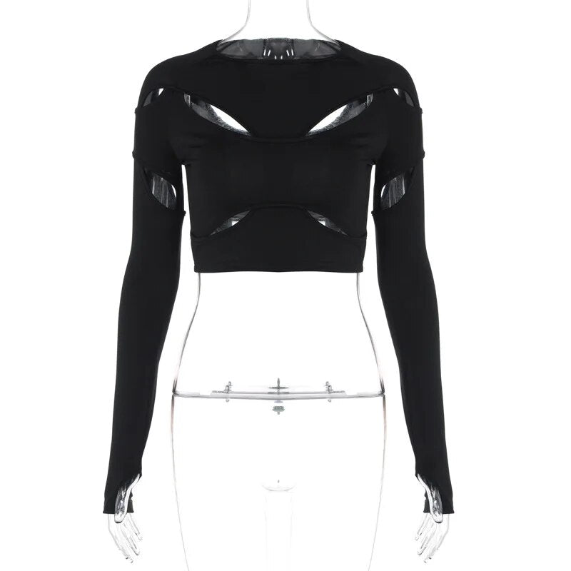 Black Long Sleeve Hollow Out Crop Top