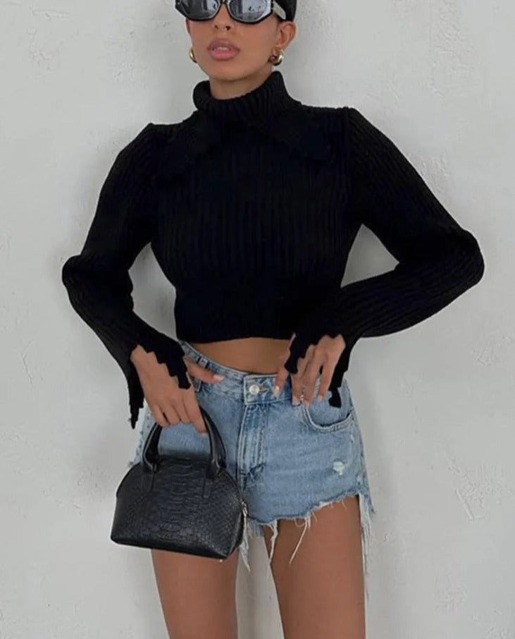 Frill Collar Knitted Long Sleeve Top