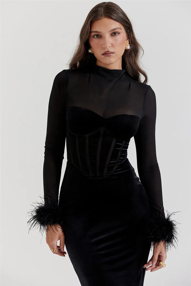 Black Velvet Long Sleeve Fur Trim Bodycon Midi Dress