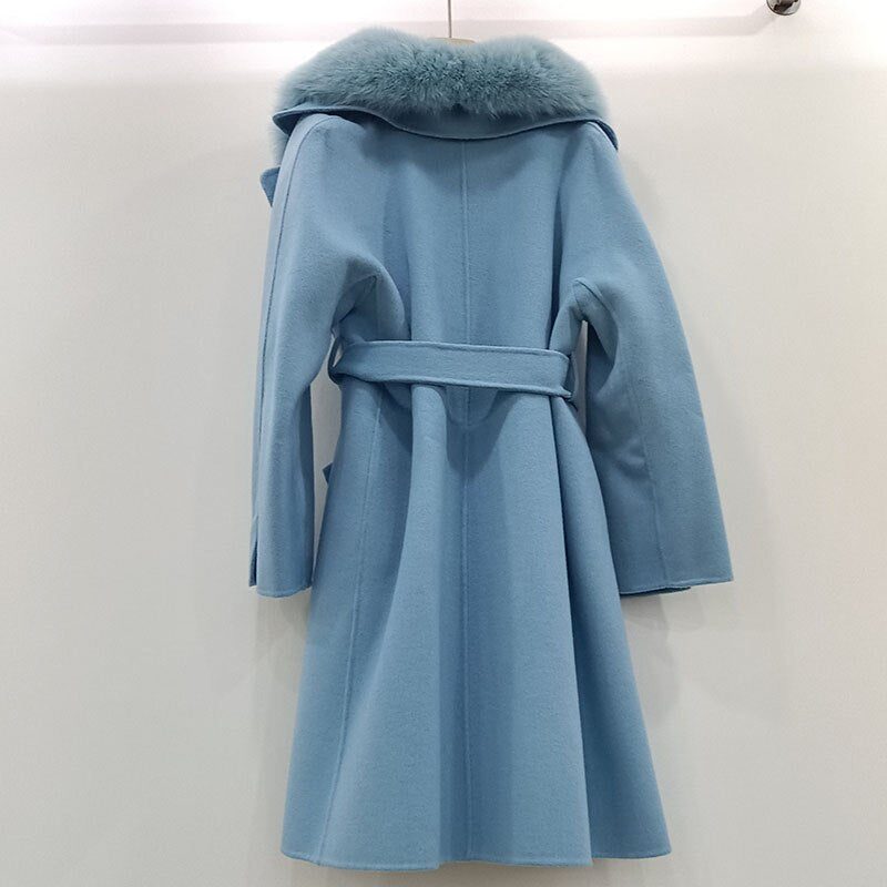 Loose Wool Coat Real Fur Collar Over Sized With Belt