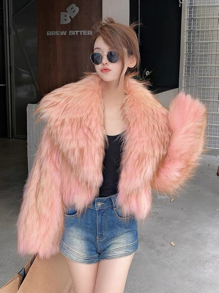 Knitted Real Fur Crop Coats Big Turn-down Collar