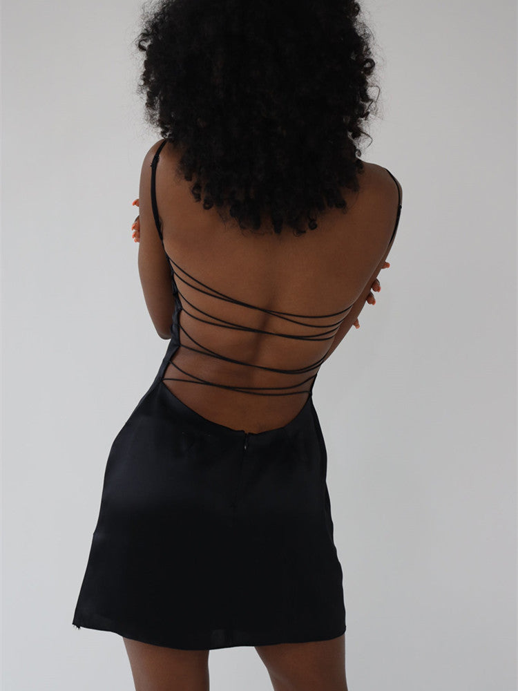 Backless Strap Black Mini Dress