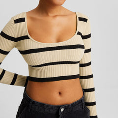 Striped Ribbed Long Sleeve Crop Top