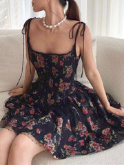 Black Floral Print Tie-Up Corset Frill Mini Dress