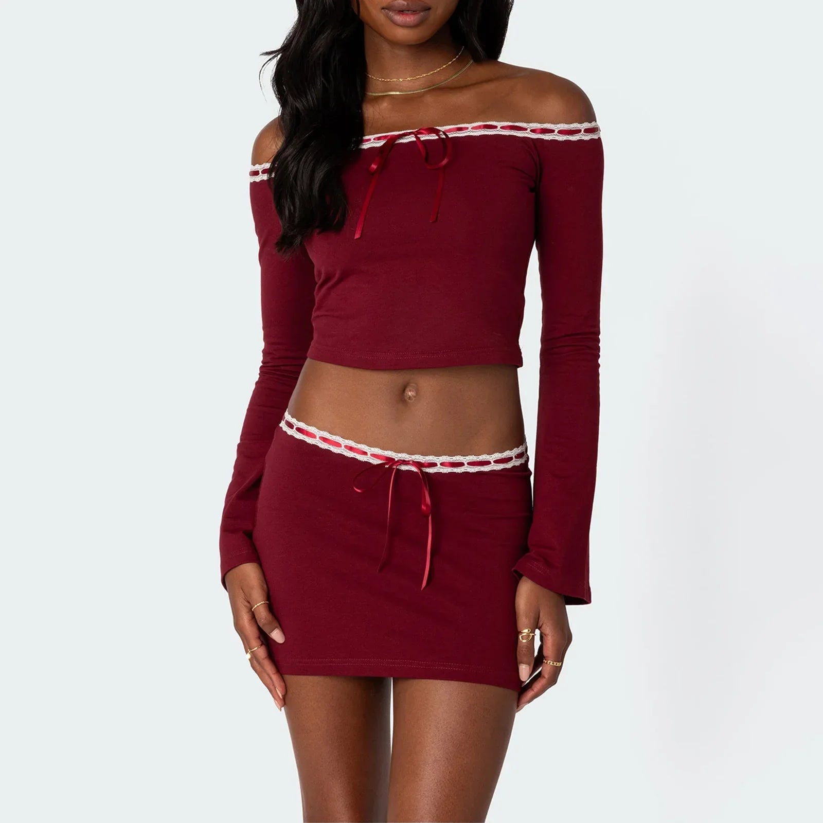 Red Off-Shoulder Lace Trim Top And Mini Skirt Set