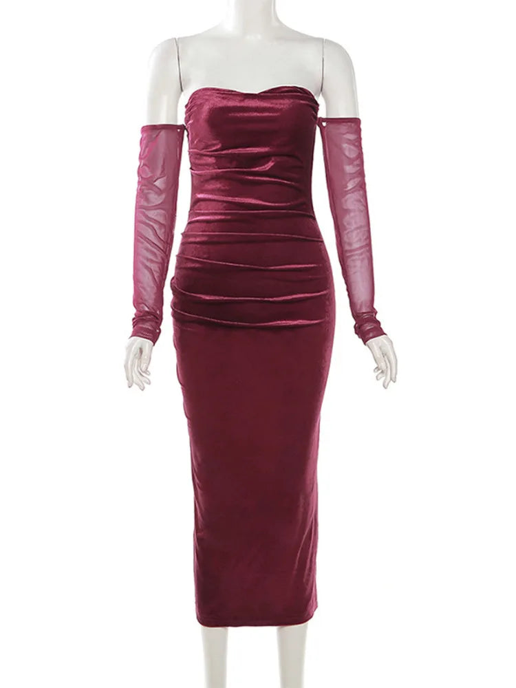 Velvet Maroon Off-Shoulder Bodycon Midi Dress