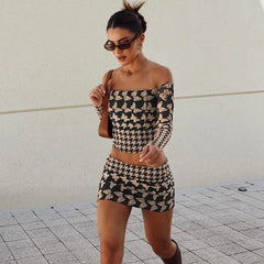 Brown Houndstooth Off-shoulder Long Sleeve Crop Top And Mini Skirt Set