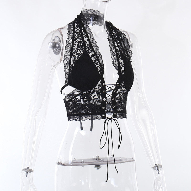 Black Lace Sheer Tie-Up Halter Crop Top