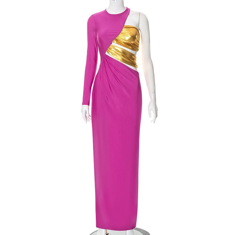 Purple One Sleeve Gold Wrap Maxi Dress