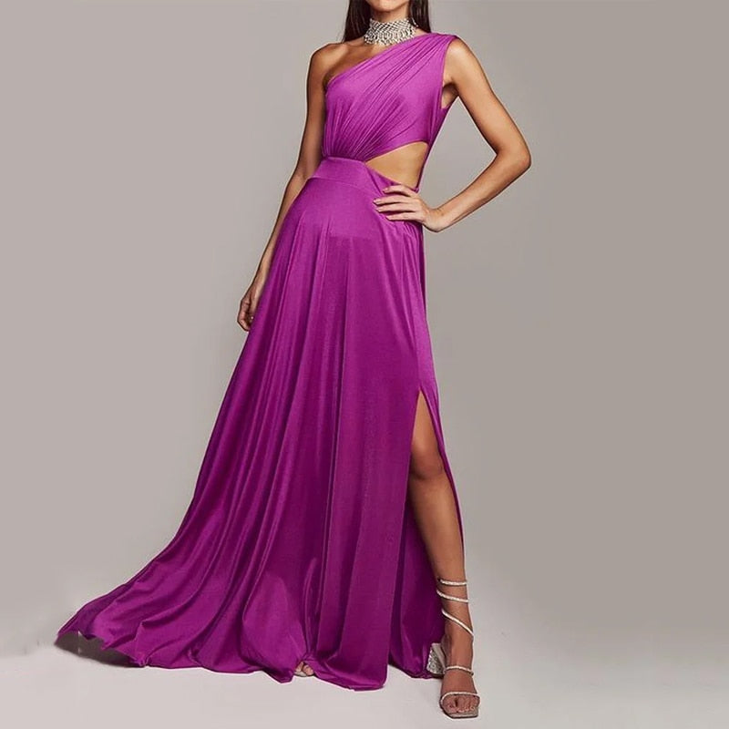 One Shoulder Sleeveless Hollow Slit Maxi Dress