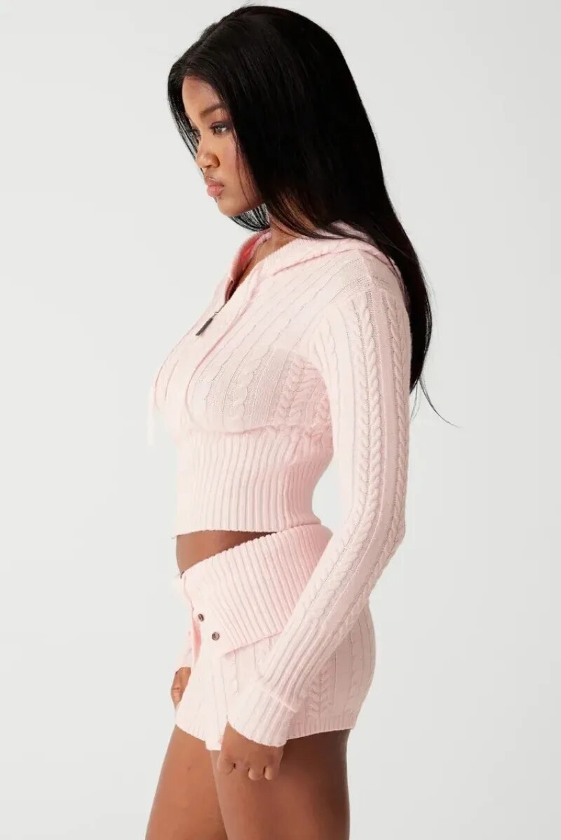 Knitted Zipper Hoddie Top And High Waist Short Set