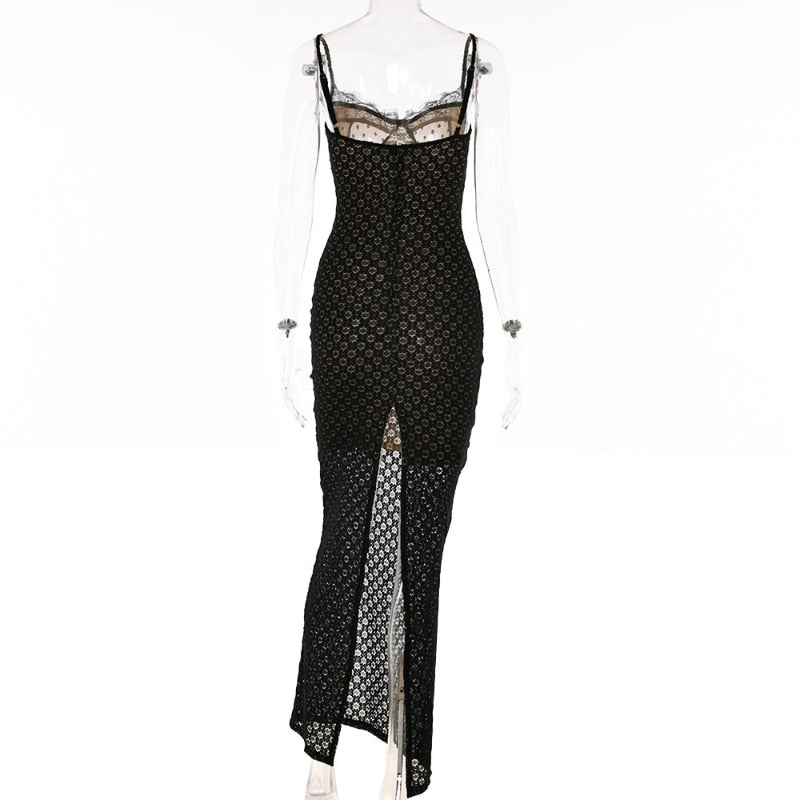 Black Polka Dot Lace Sheer Cupped Maxi Dress