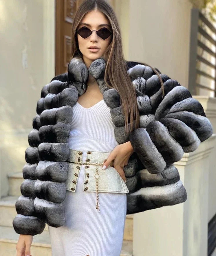 Chinchilla Style Genuine Rex Rabbit Fur Coat Short