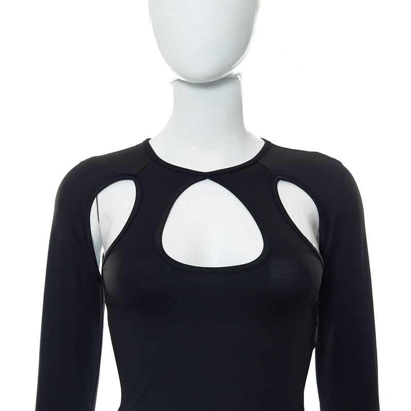 Black Hollow Out Long Sleeve Top