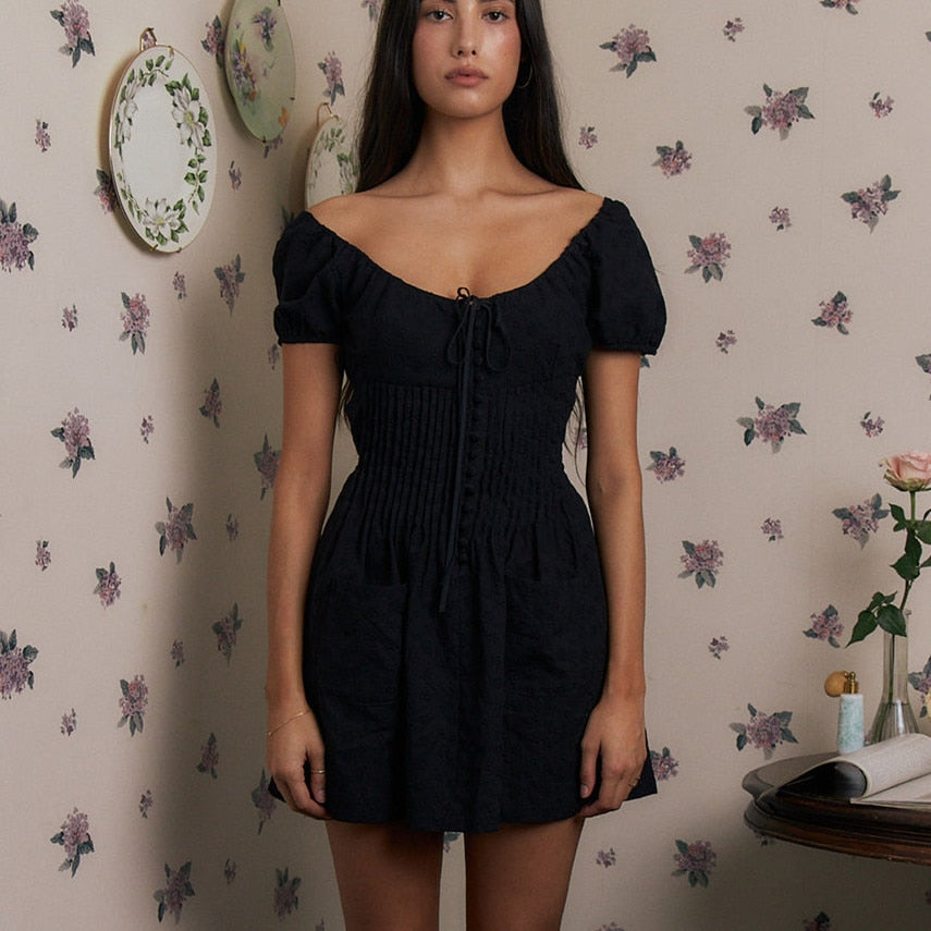 Embroidered Design Short Sleeve Pocket Mini Dress