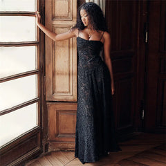 Black Embroidered Sheer Strappy Maxi Dress