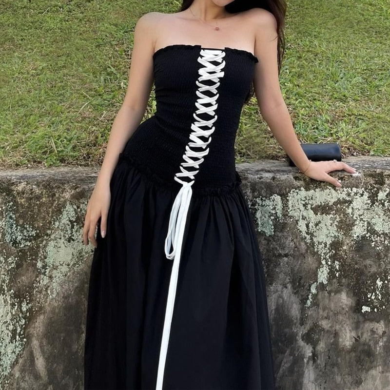 Black Tube Ruched Lace Up Maxi Dress