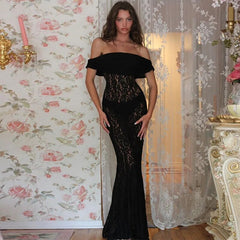 Black Sheer Lace Off Shoulder Maxi Dress