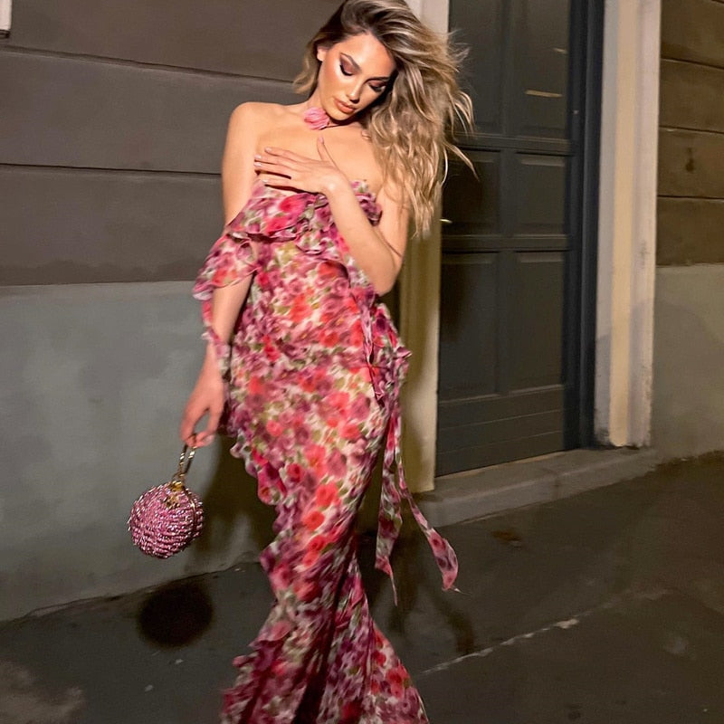 Pink Floral Print Ruffles Slip Maxi Dress