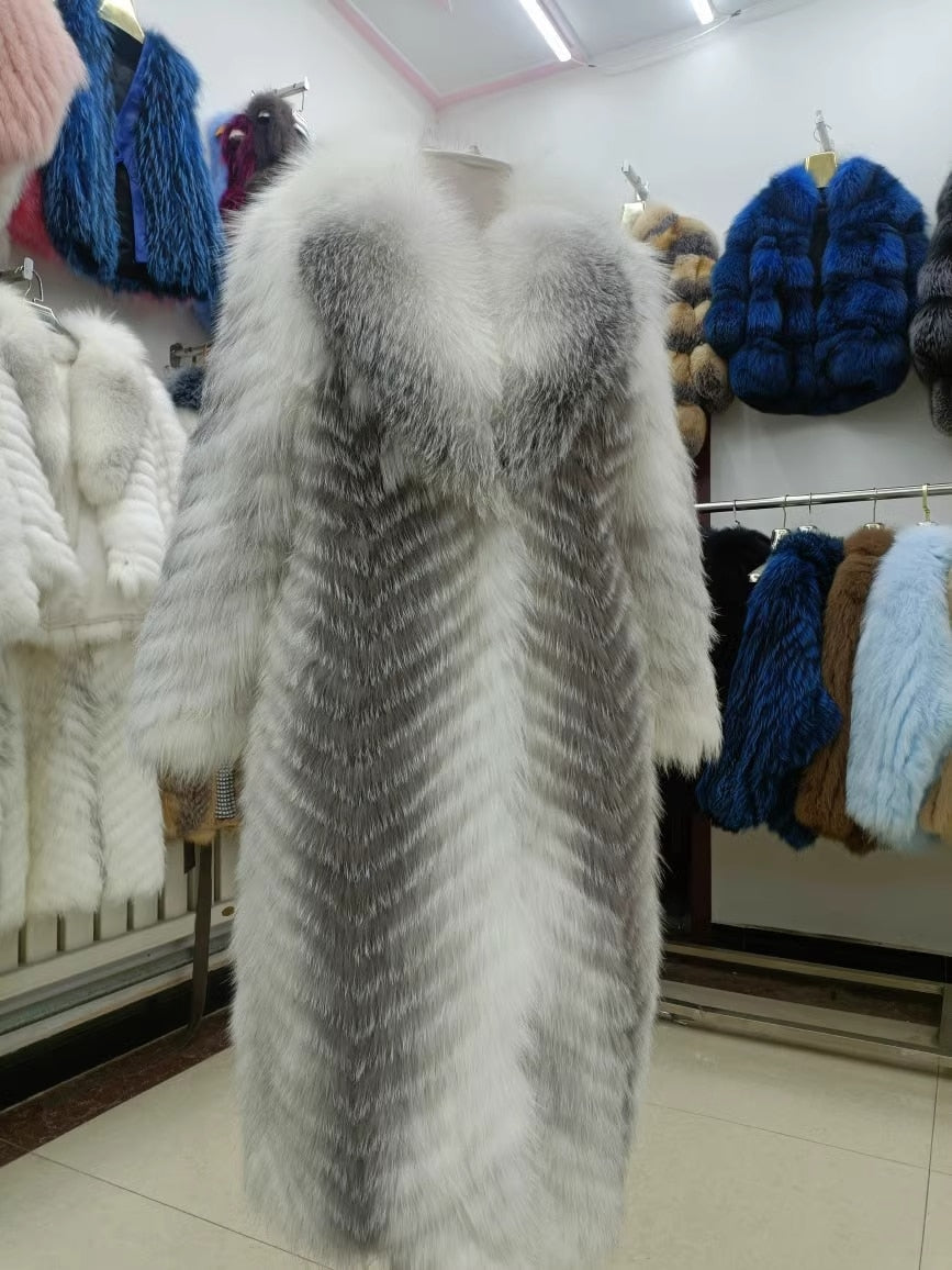 Thin Striped Color Pattern Real Fox Fur Coats  X-Long