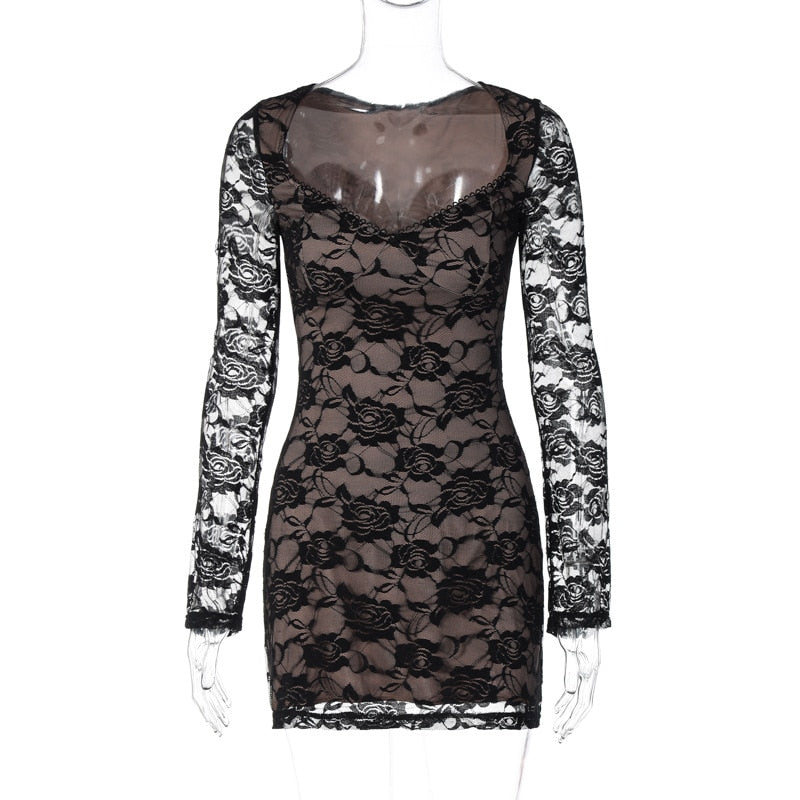 Black Lace Layered Long Sleeve Mini Dress