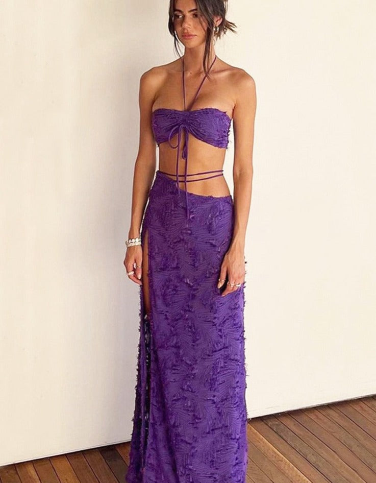 Purple Tube Crop Top And Maxi Skirt Tie Up Set