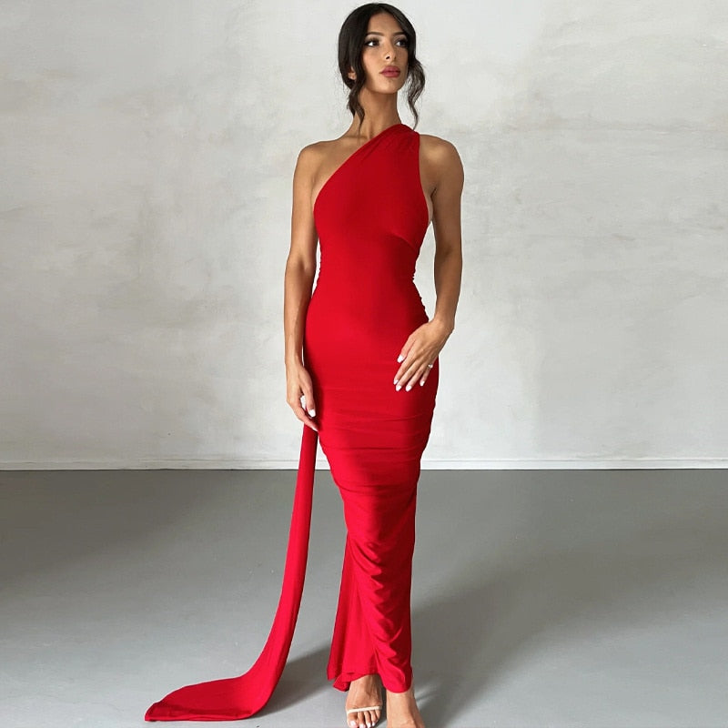 One Shoulder Back Tie Sleeveless Maxi Dresses