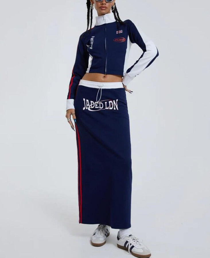 Blue Zipper Varsity Jacket And Midi Skirt Set