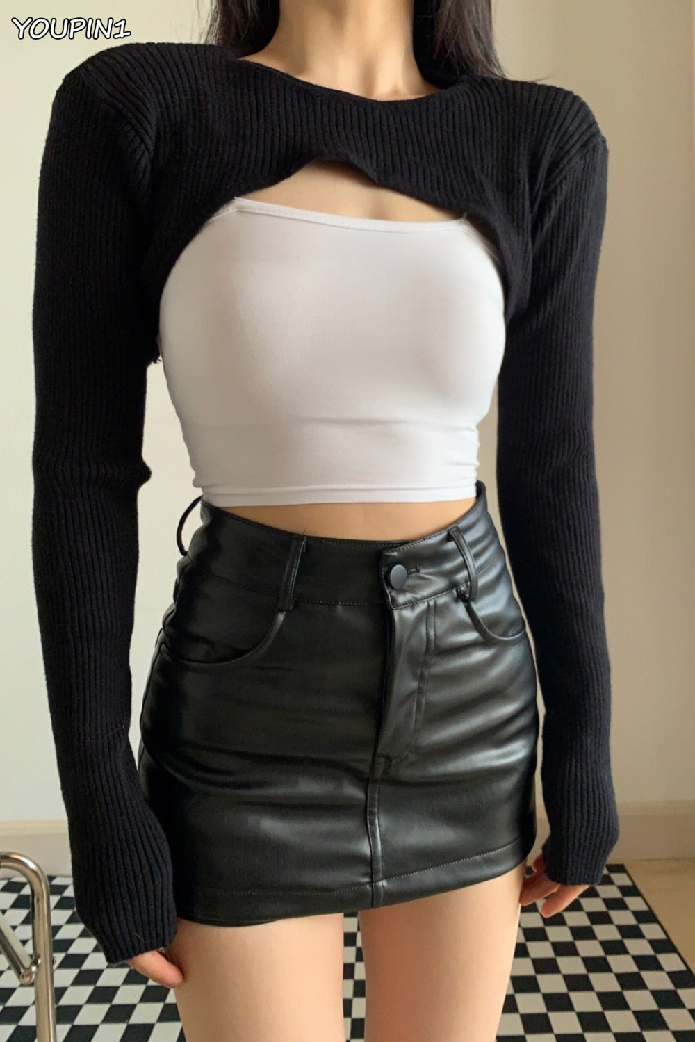 Black Faux Leather Layered Mini Skirt