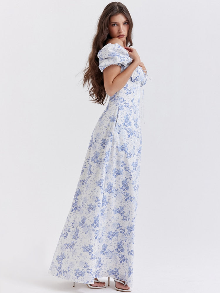 Blue Floral Print Short Puff Sleeve With Pocket Maxi Dress