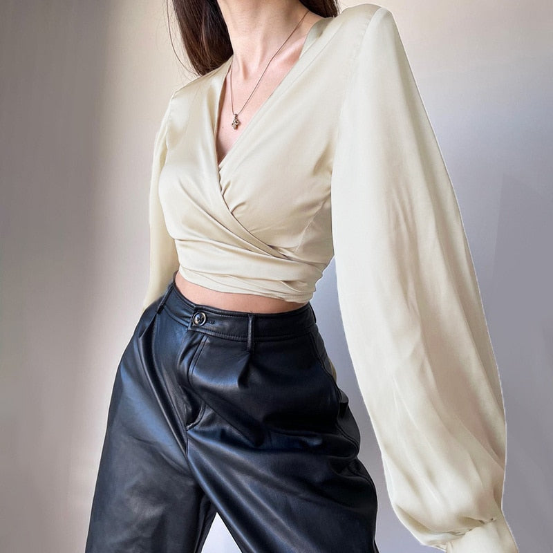 Satin Long Sleeve Wrap Tie Up Crop Shirt