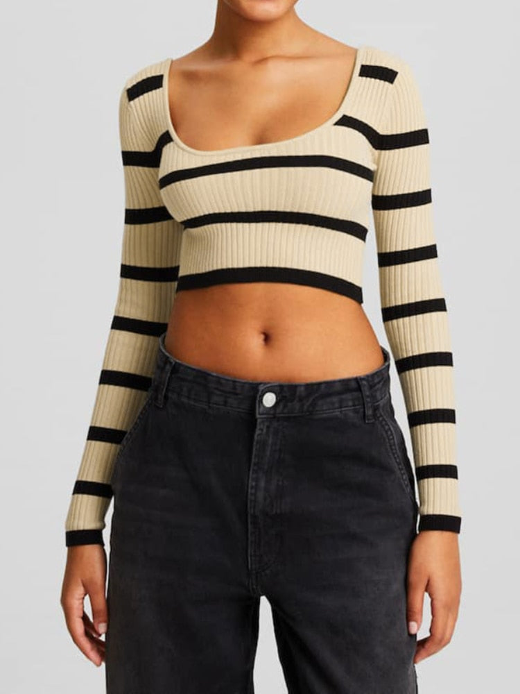 Striped Ribbed Long Sleeve Crop Top