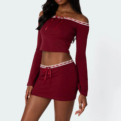 Red Off-Shoulder Lace Trim Top And Mini Skirt Set