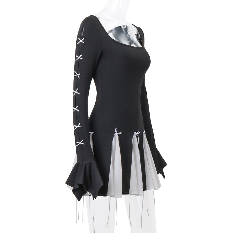 Black Long Sleeve White Frill Patchwork Bow Mini Dress