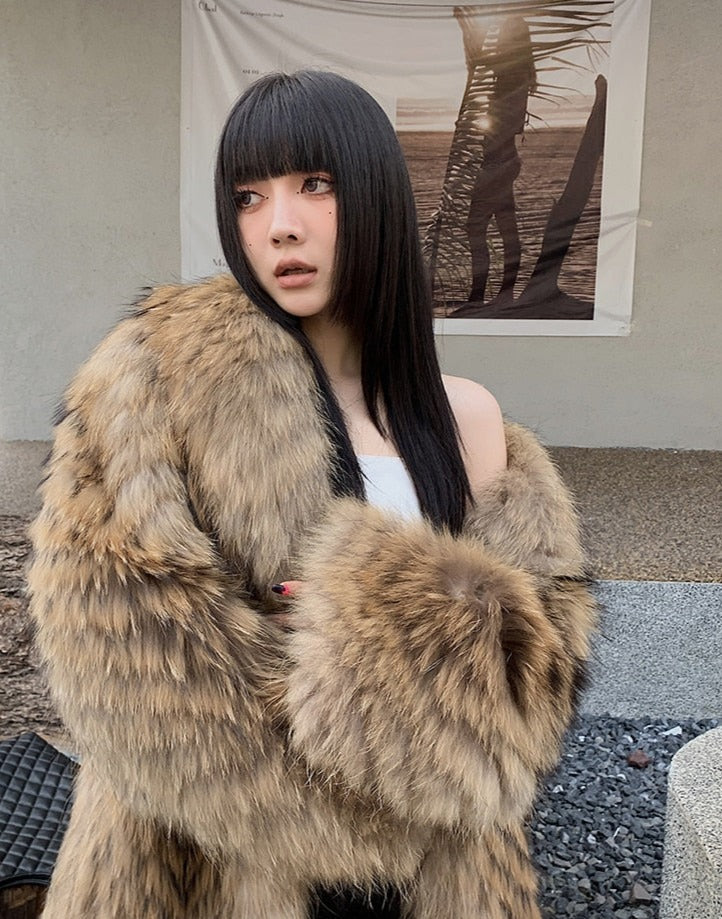 Luxury Striped Real Fur Coats X-Long