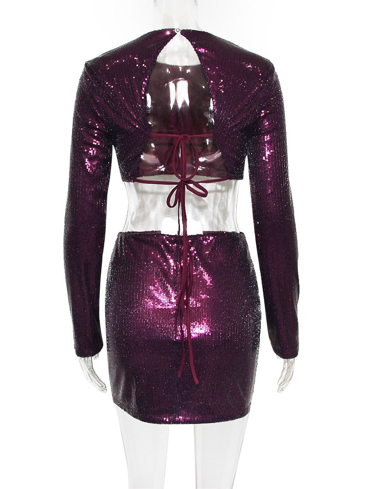 Purple Sequin Backless Crop Top And Mini Skirt Set