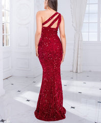 Red Sequin One Shoulder Sleeveless Maxi Dress