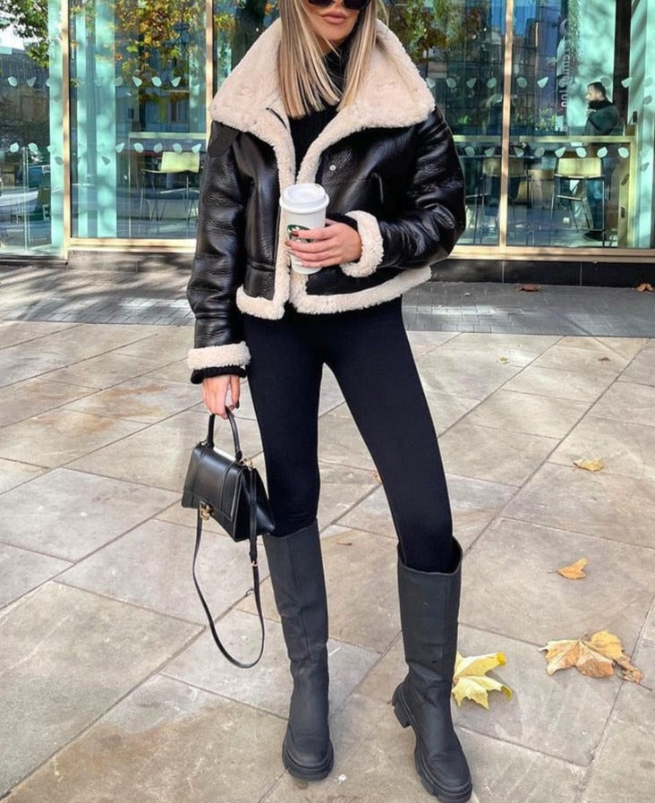 Black Faux Leather Fur Lining Biker Jacket