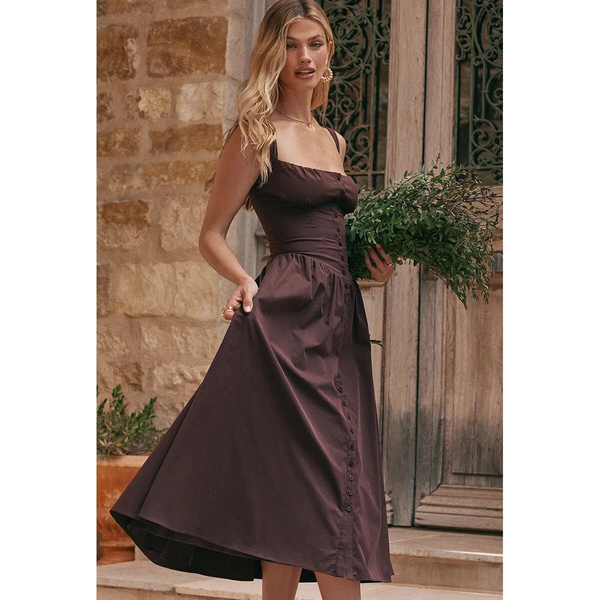 Brown Buttoned Strap Midi Dress