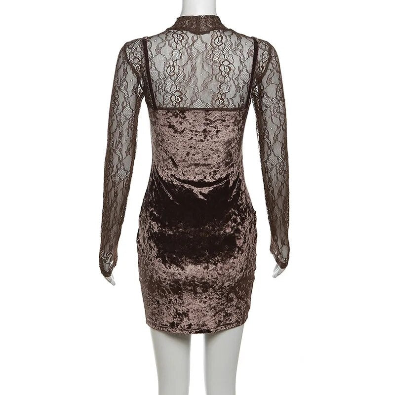 Brown Velvet Patchwork Lace Long Sleeve Bodycon Mini Dress