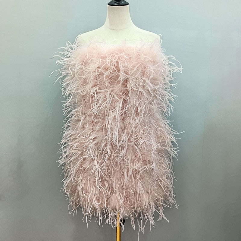 Ostrich Feather Mini Dresses With Shoulder Strap