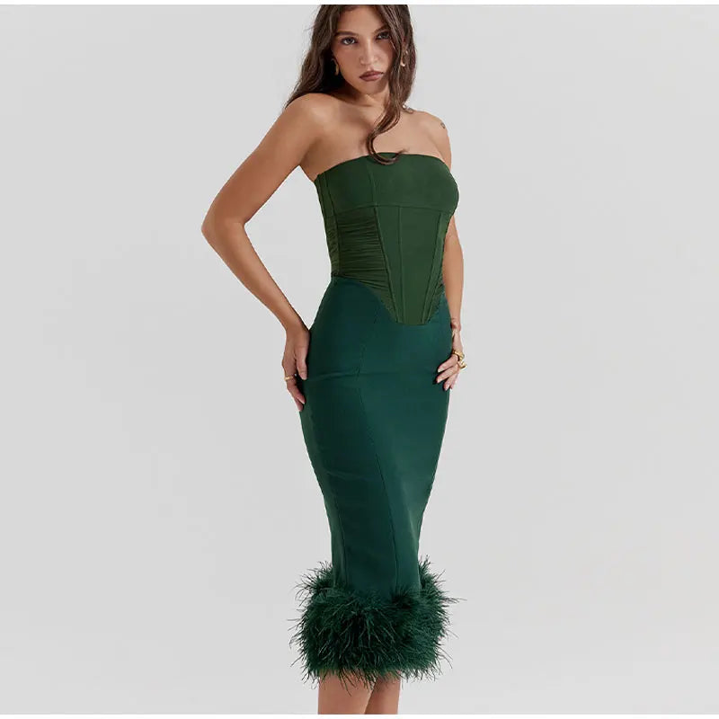 Corset Tube Fur Trim Bodycon Midi Dress